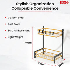 USHA SHRIRAM Trapezoidal Seasoning Rack | Stackable Kitchen Basket For Storage | Carbon Steel Collapsible Foldable Basket For Fruits And Vegetables | Rust-Resistant (2Pcs - Black Gold - Design 1)