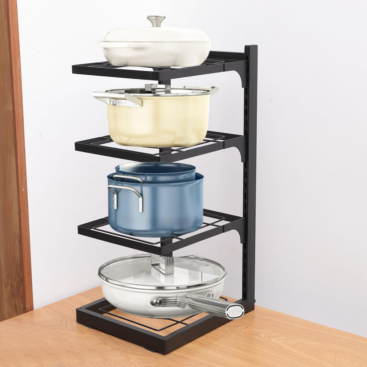 Kuber Industries 4-Layer Pots and Pans Organiser Rack|Kitchen Organization And Storage|Adjustable Pot Lid Holder Rack|Home Kitchen Accessories (Black)