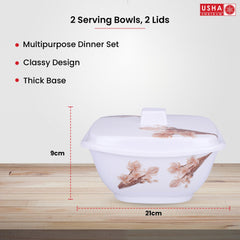 USHA SHRIRAM Serving Bowl 4 Piece |Square White Rose Square |Fibre Dinner Set for Family |Melamine Set | Unbreakable | Heat| Resistant| Durable| Shatter| Resistant| Light| Weight| BPA Free