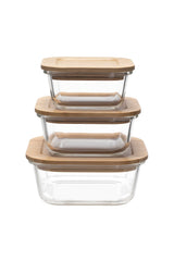 USHA SHRIRAM Borosilicate Food Container Bamboo lid|Borsilicate Glass Container For Kitchen Storage | Microwave Safe | Glass Container With Wooden Airtight Lid (3 Pcs - 320ml, 520ml, 800ml)