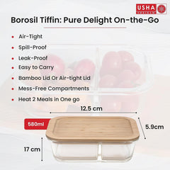 USHA SHRIRAM Borosilicate Tiffin Box| Tiffin Box for Office for Men Women| Leak-Proof Lunch Box | Borosilicate Lunch Box with Wooden Lid | (Set of 2 : Small 580ml+ Large 980ml)