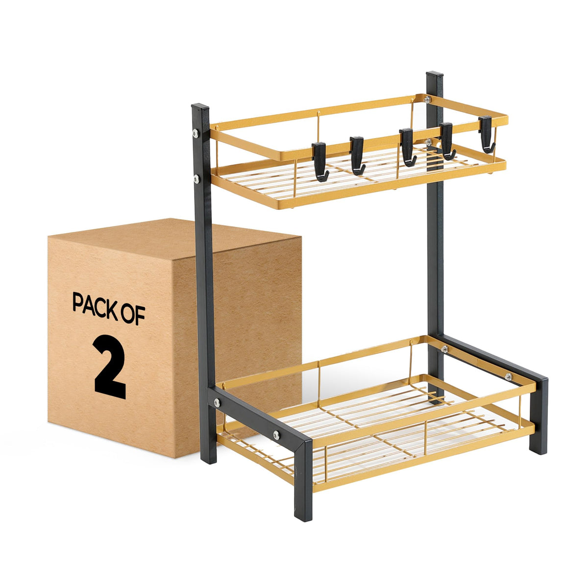 USHA SHRIRAM Trapezoidal Seasoning Rack | Stackable Kitchen Basket For Storage | Carbon Steel Collapsible Foldable Basket For Fruits And Vegetables | Rust-Resistant (2Pcs - Black Gold - Design 1)