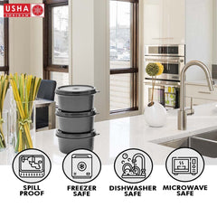 USHA SHRIRAM Lunch Box with Bottle (750ml)|3 Stackable Steel Containers with Fabric Bag, 1 Steel Water Bottle Cutlery|Lunch Boxes for Office Men Women|Leak-Proof Air-Tight Tiffin Set (Black)