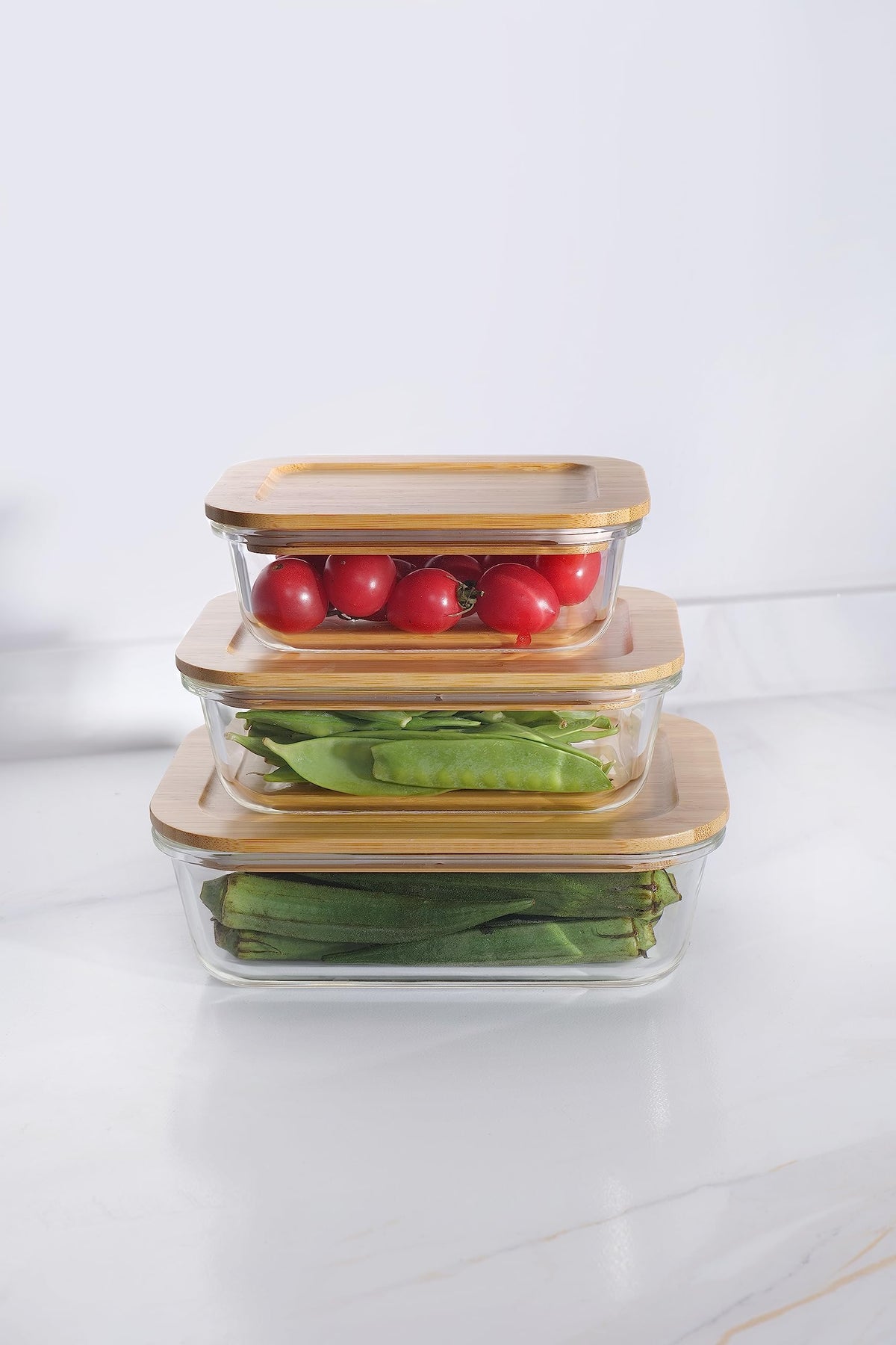 USHA SHRIRAM Borosilicate Food Container Bamboo lid|Borsilicate Glass Container For Kitchen Storage | Microwave Safe | Glass Container With Wooden Airtight Lid (3 Pcs - 370ml, 640ml, 1050ml)