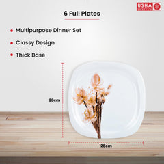 USHA SHRIRAM Melamine 12 Plate Set|Square White Rose Square |Fibre Dinner Set for Family |Melamine Set | Unbreakable | Heat| Resistant| Durable| Shatter| Resistant| Light| Weight| BPA Free