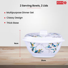 USHA SHRIRAM Melamine Big Serving Bowl with Lid (2 Pcs - 1.4L each) |Rice Bowl for Serving | Unbreakable | Heat Resistant | Mixing bowl with Lid | Light Weight | BPA Free (Blue Marble)