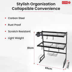 USHA SHRIRAM Single Layer 65CM Two Layer (Black - 5Pcs) | Stackable Kitchen Basket for Storage | Carbon Steel Collapsible Foldable Basket for Fruits and Vegetables | Rust-Resistant | Unbreakable