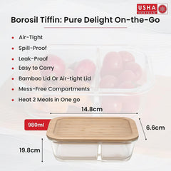 USHA SHRIRAM Borosilicate Tiffin Box| Tiffin Box for Office for Men Women| Leak-Proof Lunch Box | Borosilicate Lunch Box with Wooden Lid | (Set of 2 : Small 580ml+ Large 980ml)