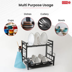USHA SHRIRAM Free Mounting Dish Rack | Stackable Kitchen Basket for Storage | Carbon Steel Collapsible Foldable Basket for Fruits and Vegetables (3Pcs - Dish Rack - 2 Layer)