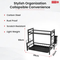 USHA SHRIRAM Free Mounting Dish Rack | Stackable Kitchen Basket for Storage | Carbon Steel Collapsible Foldable Basket for Fruits and Vegetables (3Pcs - Dish Rack - 2 Layer)