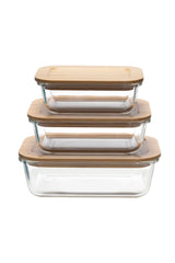 USHA SHRIRAM Borosilicate Food Container Bamboo lid|Borsilicate Glass Container For Kitchen Storage | Microwave Safe | Glass Container With Wooden Airtight Lid (3 Pcs - 370ml, 640ml, 1050ml)