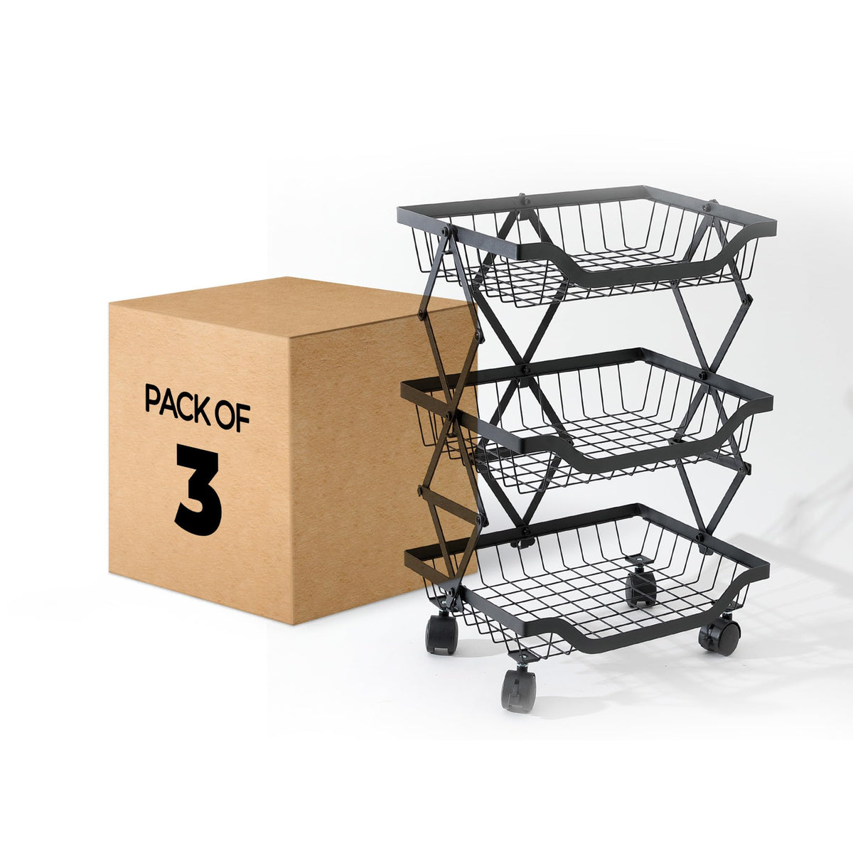 USHA SHRIRAM Collapsible storage baskets Black | Stackable Kitchen Basket For Storage | Carbon Steel Collapsible Foldable Basket For Fruits And Vegetables | Rust-Resistant (3Pcs - 3 layer)