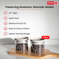 USHA SHRIRAM Food Storage Conatiner with Airtight Lid | Borosilicate Glass Container For Kitchen Storage Set| Glass Container With Lid For Fridge Storage| Borosilicate Bowl (2Pcs - 450ml)