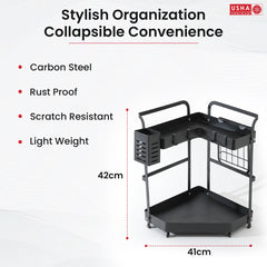 USHA SHRIRAM L The Whole Set of Corner Rack Two Layer (2Pcs) | Stackable Kitchen Basket for Storage | Carbon Steel Collapsible Foldable Basket for Fruits and Vegetables | Rust-Resistant | Unbreakable