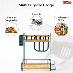 USHA SHRIRAM Trapezoidal Seasoning Rack | Stackable Kitchen Basket For Storage | Carbon Steel Collapsible Foldable Basket For Fruits And Vegetables | Rust-Resistant (2Pcs - Green Gold - Design 2)