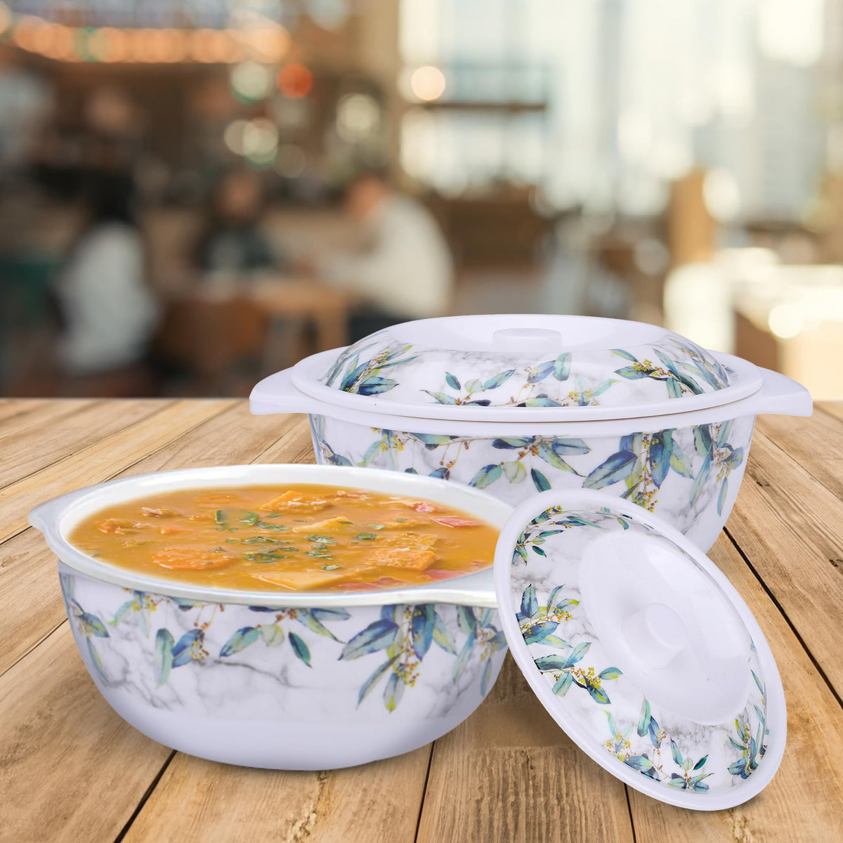 USHA SHRIRAM Melamine Serving Bowl | Fibre Dinner Set for Family | Unbreakable | Heat Resistant| Durable Shatter Resistant | Light Weight | BPA Free (Blue Marble Flower, 2 Pcs)