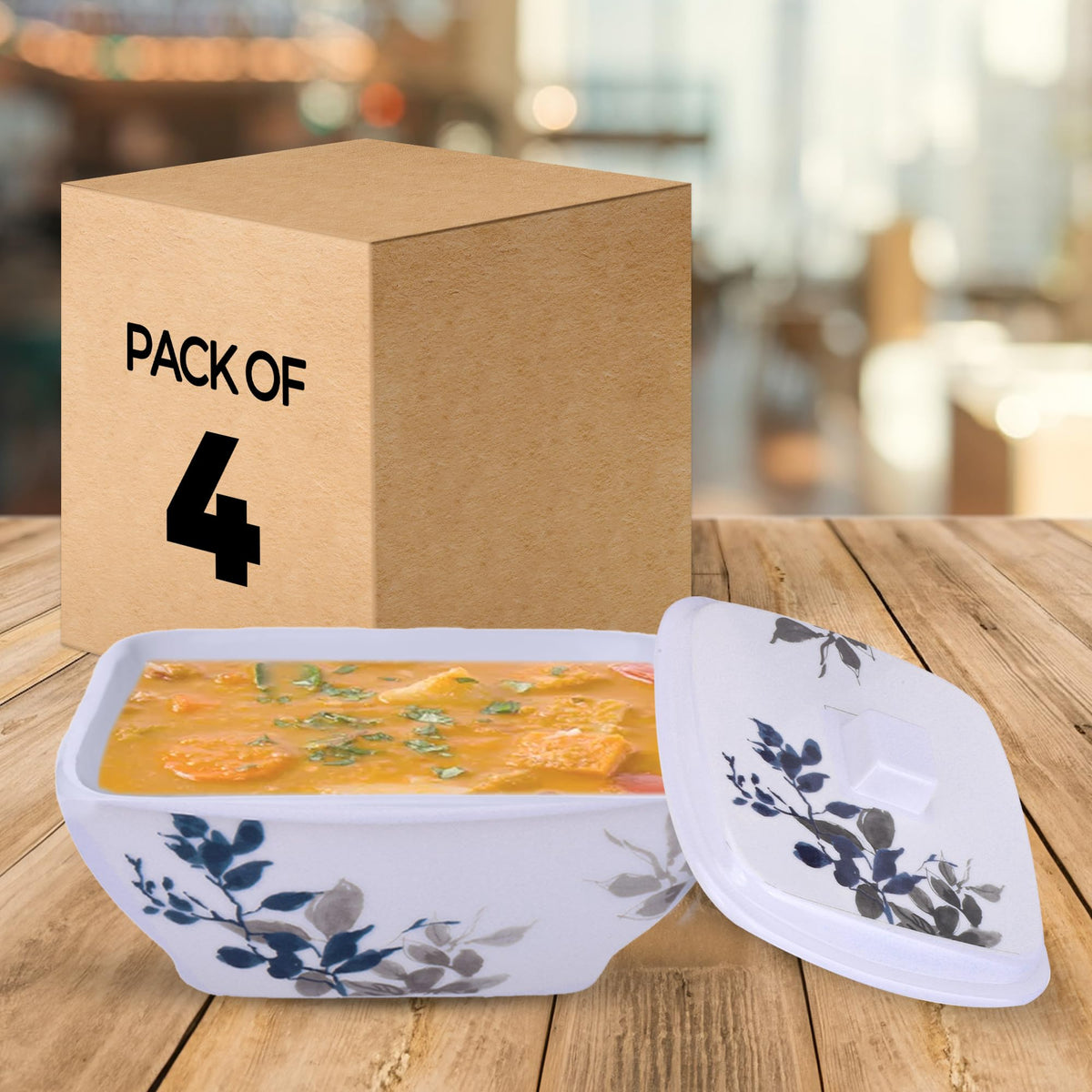 USHA SHRIRAM Serving Bowl 4 Piece |Square Blue Bail Square |Fibre Dinner Set for Family |Melamine Set | Unbreakable | Heat| Resistant| Durable| Shatter| Resistant| Light| Weight| BPA Free