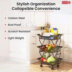 USHA SHRIRAM Collapsible Storage Baskets Three Layer (3Pcs) | Stackable Kitchen Basket for Storage | Carbon Steel Collapsible Foldable Basket for Fruits and Vegetables | Rust-Resistant | Unbreakable