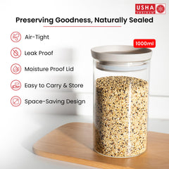 USHA SHRIRAM Food Storage Conatiner with Airtight Lid (2Pcs - 1L each)| Borosilicate Glass Container For Kitchen Storage| Glass Container With Lid For Fridge Storage| Stackage Storage Boxes for Fridge