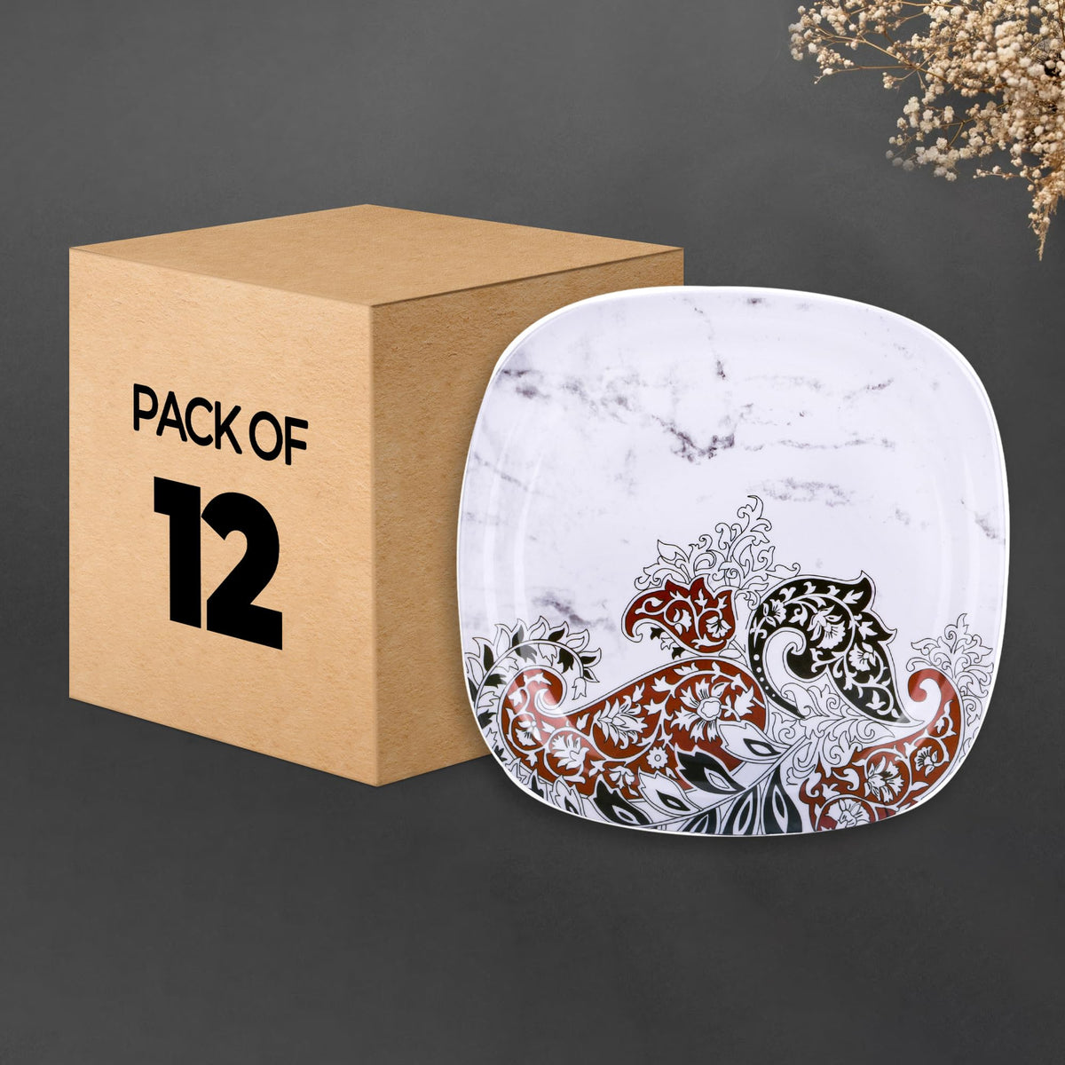 USHA SHRIRAM Melamine 12 Plate Set | Fibre Dinner Set for Family |Melamine Set | Unbreakable | Heat Resistant| Durable| Shatter Resistant| Light Weight| BPA Free (Square - Stone)