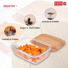 USHA SHRIRAM Borosilicate Container With Bamboo Lid (1.05L)| Fridge Side Door Organiser Box| Vegetable Organiser For Fridge|Kitchen Organise Storage Boxes| Idli Batter Container |Fruit Box For Kitchen