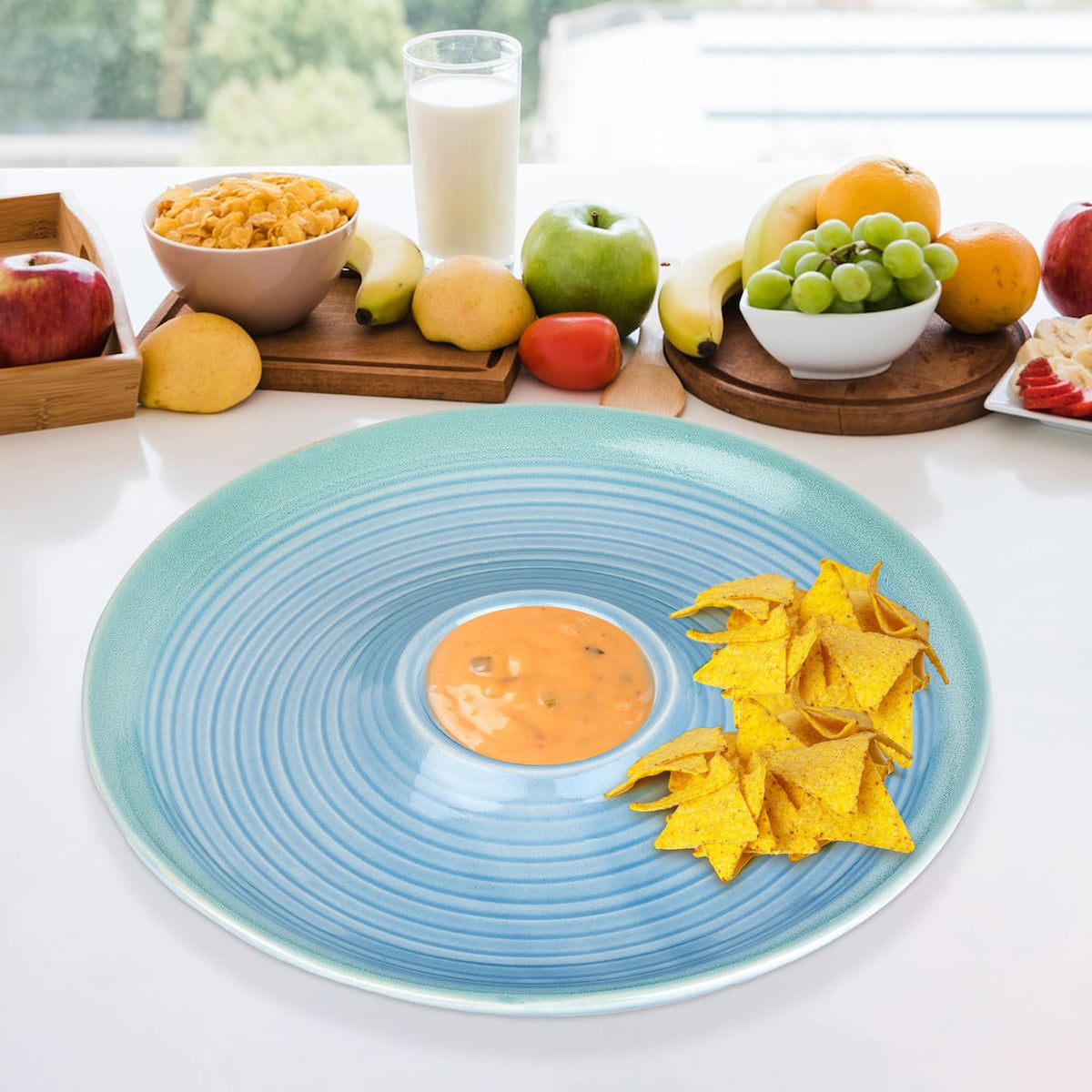 USHA SHRIRAM Ceramic Snack Tray with Dip Bowl | Chutney Bowl | Salsa Dip Tray (10 Inch)| Ceramic Serving Platter | Platter Tray | Snack Tray | Serving Plate | Microwave Safe Plates (Blue)