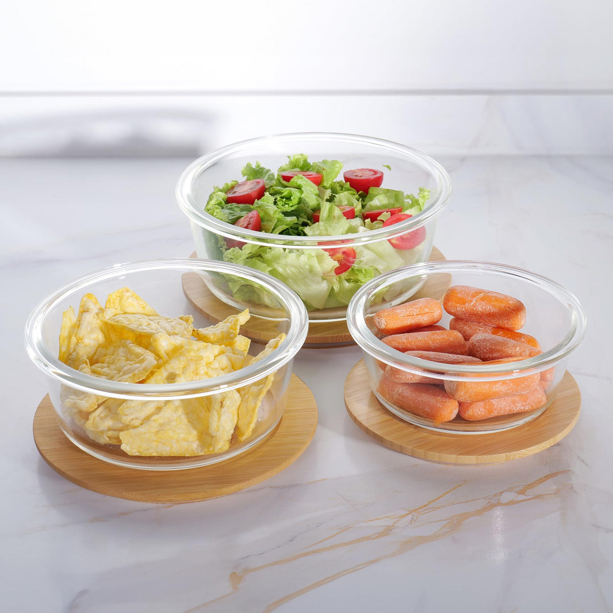 USHA SHRIRAM Borosilicate Container With Bamboo Lid (3Pcs -400ml, 650ml, 950ml) | Fridge Side Door Organiser Box| Vegetable Organiser For Fridge| Kitchen Organise Storage Boxes | Idli Batter Container