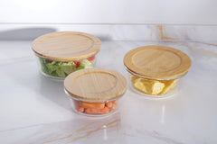 USHA SHRIRAM Borosilicate Food Container Bamboo lid|Borsilicate Glass Container For Kitchen Storage | Microwave Safe | Glass Container With Wooden Airtight Lid (3 Pcs - 400ml, 650ml, 950ml)