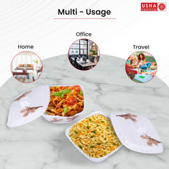 USHA SHRIRAM Serving Bowl 4 Piece |Square White Rose Square |Fibre Dinner Set for Family |Melamine Set | Unbreakable | Heat| Resistant| Durable| Shatter| Resistant| Light| Weight| BPA Free