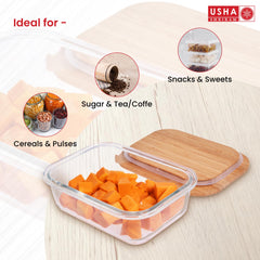 USHA SHRIRAM Borosilicate Food Container Bamboo lid|Borsilicate Glass Container For Kitchen Storage | Microwave Safe | Glass Container With Wooden Airtight Lid (6 Pcs - 370ml, 640ml, 1050ml)