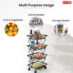 USHA SHRIRAM Collapsible storage baskets Black | Stackable Kitchen Basket For Storage | Carbon Steel Collapsible Foldable Basket For Fruits And Vegetables | Rust-Resistant (2Pcs - 5 layer)