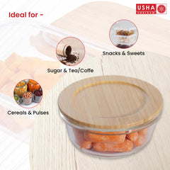 USHA SHRIRAM Borosilicate Food Container Bamboo lid (6 Pcs - 400ml, 650ml, 950ml each) |Borsilicate Glass Container For Kitchen Storage | Microwave Safe | Glass Container With Wooden Airtight Lid