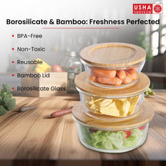 USHA SHRIRAM Borosilicate Food Container Bamboo lid (6 Pcs - 400ml, 650ml, 950ml each) |Borsilicate Glass Container For Kitchen Storage | Microwave Safe | Glass Container With Wooden Airtight Lid