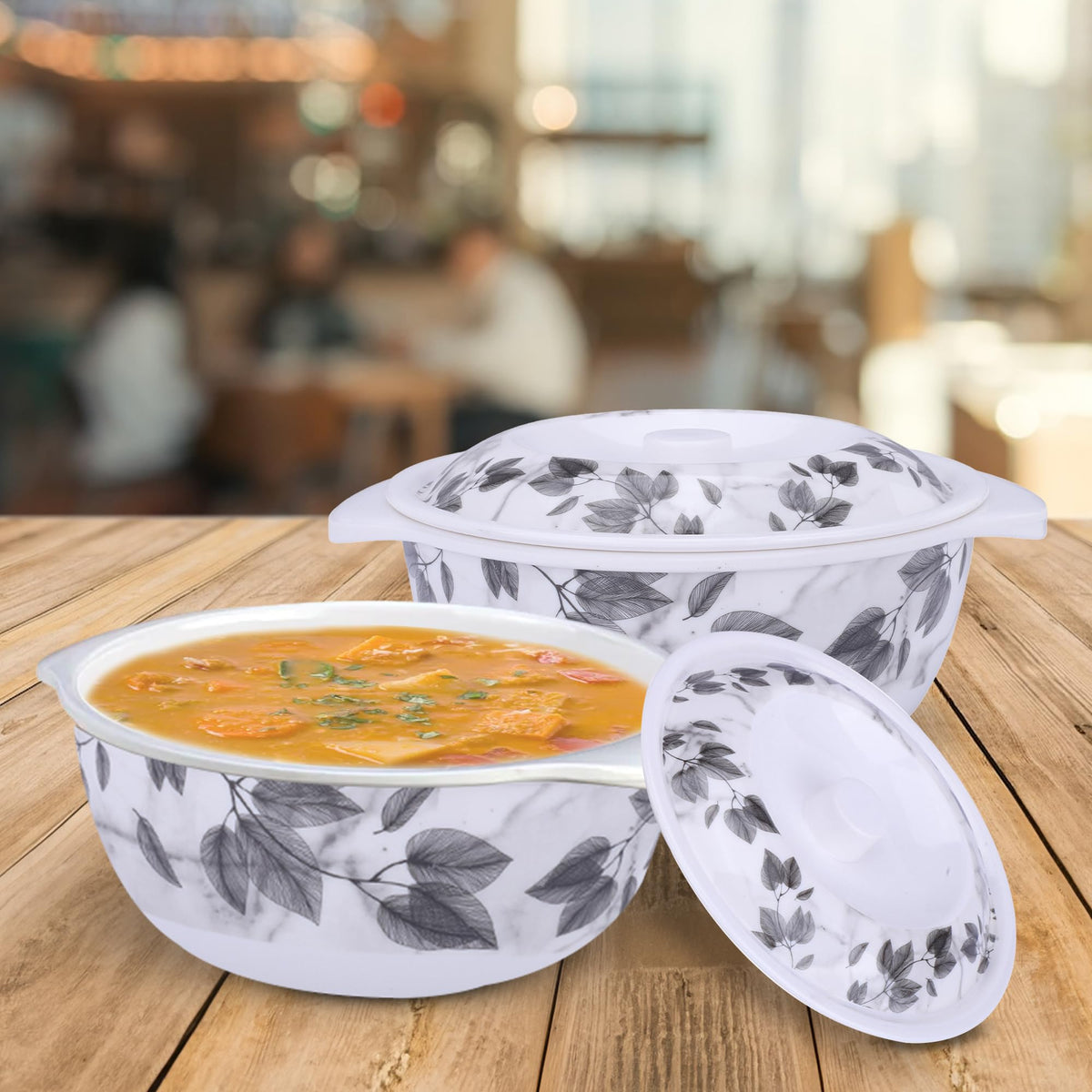 USHA SHRIRAM Melamine Serving Bowl | Fibre Dinner Set for Family | Unbreakable | Heat Resistant| Durable Shatter Resistant | Light Weight | BPA Free (Black Marble Flower, 2 Pcs)