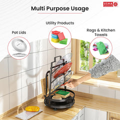 USHA SHRIRAM Rotatable Lid Rag Holder | Stackable Kitchen Basket For Storage | Carbon Steel Collapsible Foldable Basket For Fruits And Vegetables | Rust-Resistant | Unbreakable (Design 1-3Pcs)