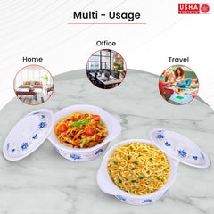 USHA SHRIRAM Melamine Serving Bowl with Lid (2Pcs - 1.4L Each) | Fibre Dinner Set for Family | Unbreakable | Heat Resistant | Durable Shatter Resistant | Light Weight | BPA Free (Corel Blue)