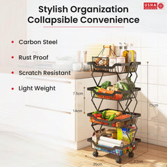 USHA SHRIRAM Collapsible storage baskets Black | Stackable Kitchen Basket For Storage | Carbon Steel Collapsible Foldable Basket For Fruits And Vegetables | Rust-Resistant (3Pcs - 4 layer)