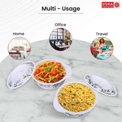 USHA SHRIRAM Melamine Serving Bowl | Fibre Dinner Set for Family | Unbreakable | Heat Resistant| Durable Shatter Resistant | Light Weight | BPA Free (Blue Marble Flower, 2 Pcs)
