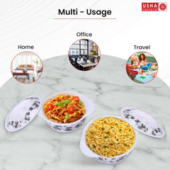 USHA SHRIRAM Melamine Serving Bowl | Fibre Dinner Set for Family | Unbreakable | Heat Resistant| Durable Shatter Resistant | Light Weight | BPA Free (Black Marble Flower, 2 Pcs)