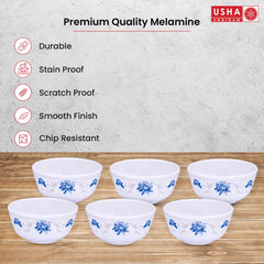 USHA SHRIRAM Melamine (220ml) Veg Bowl Set |Fibre Plastic Snack Dessert Vegetable Bowl | Unbreakable Heat Resistant| Durable Shatter Resistant| Light Weight| BPA Free (Corel Blue, 6 Pcs)