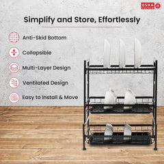 USHA SHRIRAM Free mounting Dish Rack Three Layer (5Pcs) | Stackable Kitchen Basket for Storage | Carbon Steel Collapsible Foldable Basket for Fruits and Vegetables | Rust-Resistant | Unbreakable