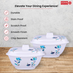 USHA SHRIRAM Melamine Serving Bowl |Fibre Melamine Dinner Set for Family | Unbreakable | Heat Resistant | Durable Shatter| Resistant| Light| Weight| BPA Free (Blue Flower, 4 Pcs)