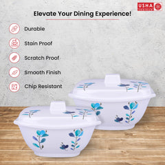 USHA SHRIRAM Melamine Big Serving Bowl with Lid (2 Pcs - 1.4L Each) |Rice Bowl for Serving | Unbreakable | Heat Resistant | Mixing Bowl with Lid | Light Weight | BPA Free (Blue Flower)