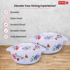 USHA SHRIRAM Melamine Serving Bowl (2Pcs - 1.4L) | Fibre Dinner Set for Family | Unbreakable | Heat Resistant| Durable Shatter Resistant | Light Weight | BPA Free (Red Flower)