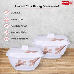 USHA SHRIRAM Serving Bowl 4 Piece |Square White Rose Square |Fibre Dinner Set for Family |Melamine Set | Unbreakable | Heat| Resistant| Durable| Shatter| Resistant| Light| Weight| BPA Free