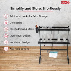 USHA SHRIRAM Single Layer 65CM Two Layer (Black - 3Pcs) | Stackable Kitchen Basket for Storage | Carbon Steel Collapsible Foldable Basket for Fruits and Vegetables | Rust-Resistant | Unbreakable