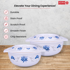 USHA SHRIRAM Melamine Serving Bowl with Lid (2Pcs - 1.4L Each) | Fibre Dinner Set for Family | Unbreakable | Heat Resistant | Durable Shatter Resistant | Light Weight | BPA Free (Corel Blue)