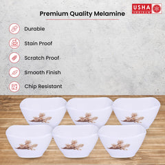 USHA SHRIRAM Melamine (220ml) Square Veg Bowl Set |Fibre Plastic Snack Dessert Vegetable Bowl | Heat Resistant| Durable Shatter Resistant| Light Weight| BPA Free (White Rose, 12 Pcs)