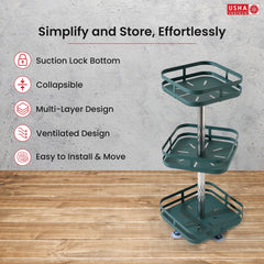 USHA SHRIRAM Revolving dressing rack | Stackable Kitchen Basket For Storage | Carbon Steel Collapsible Foldable Basket For Fruits And Vegetables | Rust-Resistant (2Pcs - Square - 3 layer)
