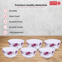 USHA SHRIRAM Melamine 12 Veg Bowl Set| Round|Pink Marble Flower Square |Fibre Dinner Set for Family |Melamine Set | Unbreakable | Heat| Resistant| Durable| Shatter| Resistant| Light| Weight| BPA Free